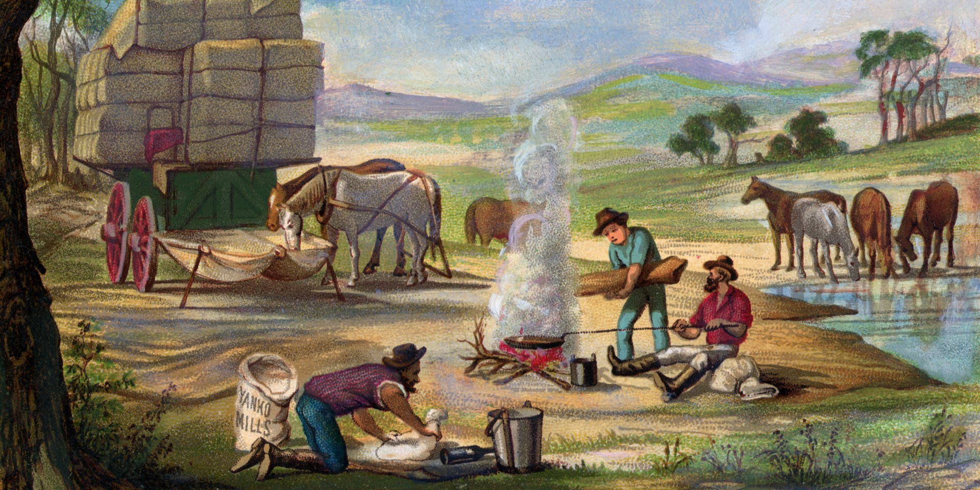 Teamsters Camping For The Night(Original Caption) Go Movement. Teamsters establishing bivouac for night. Mid 19th Century wash drawing.